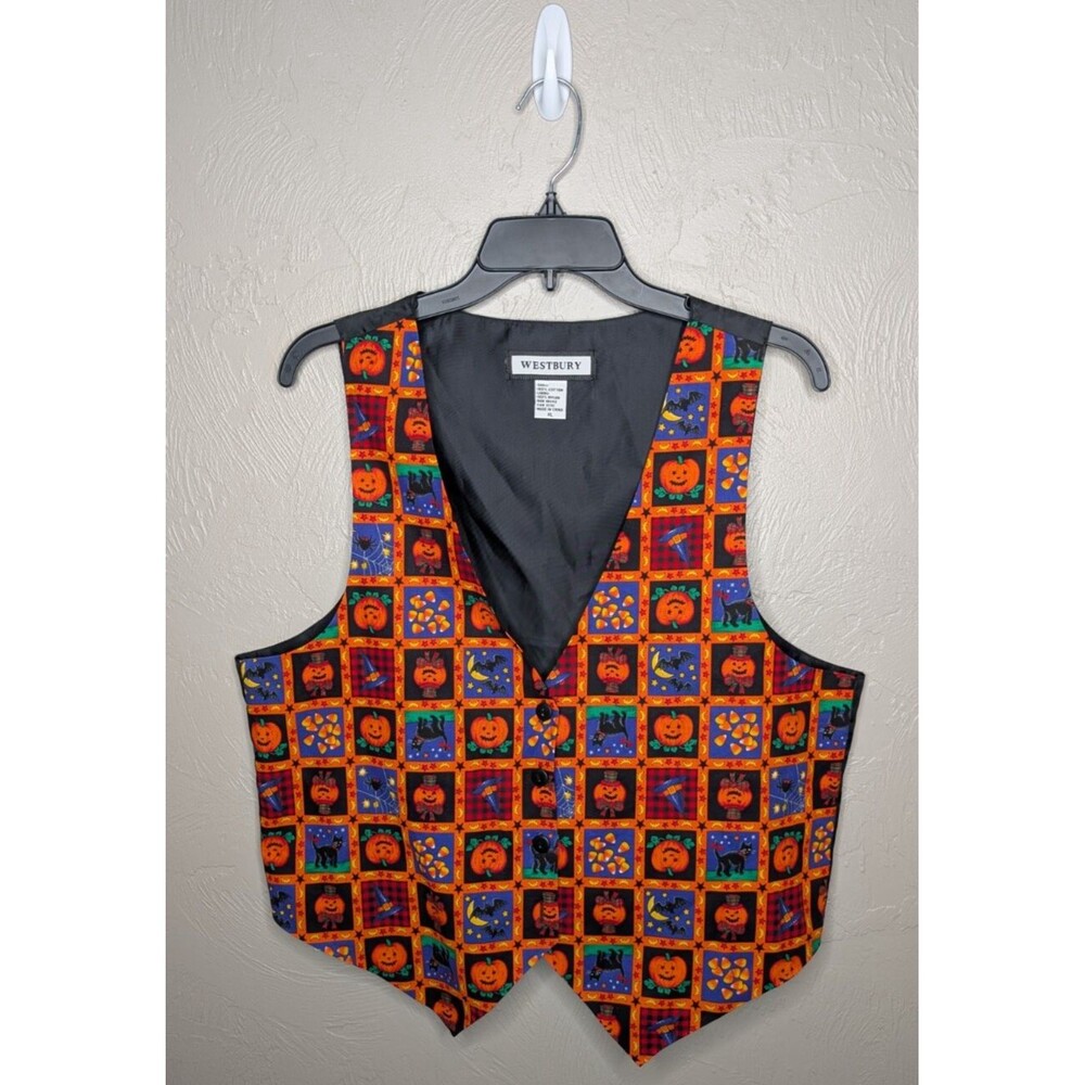 Westbury Womens XL Orange Halloween Black Cat Pumpkin Holiday V-Neck Button Vest